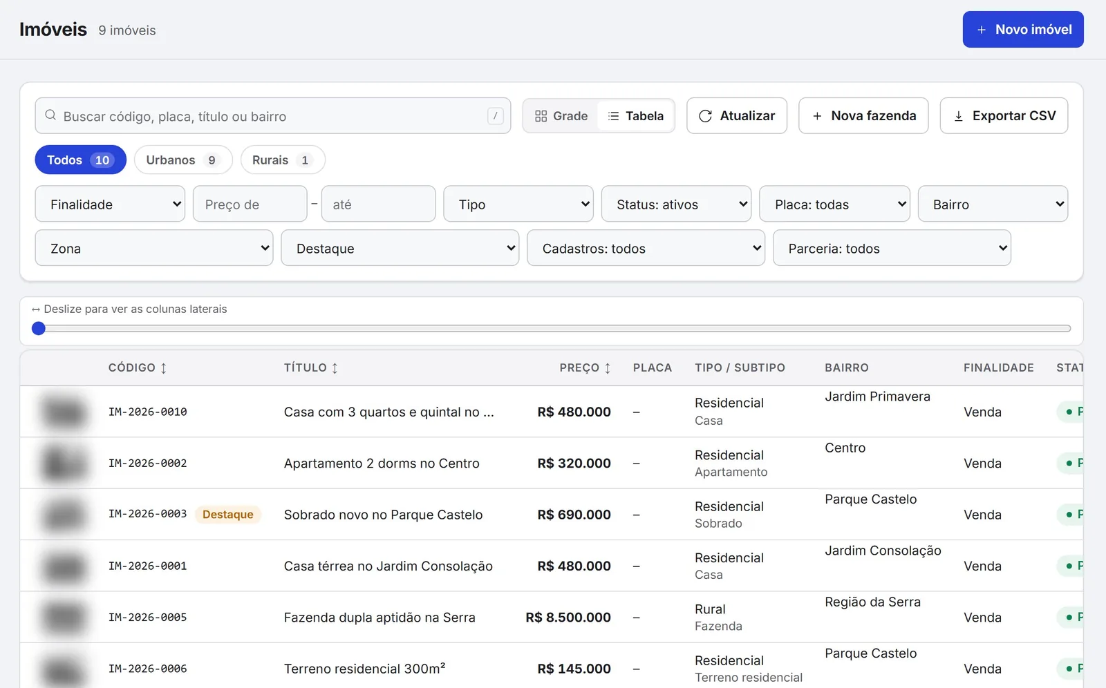 Lista de imóveis com código, título, preço, tipo, bairro e finalidade, com filtros no topo.