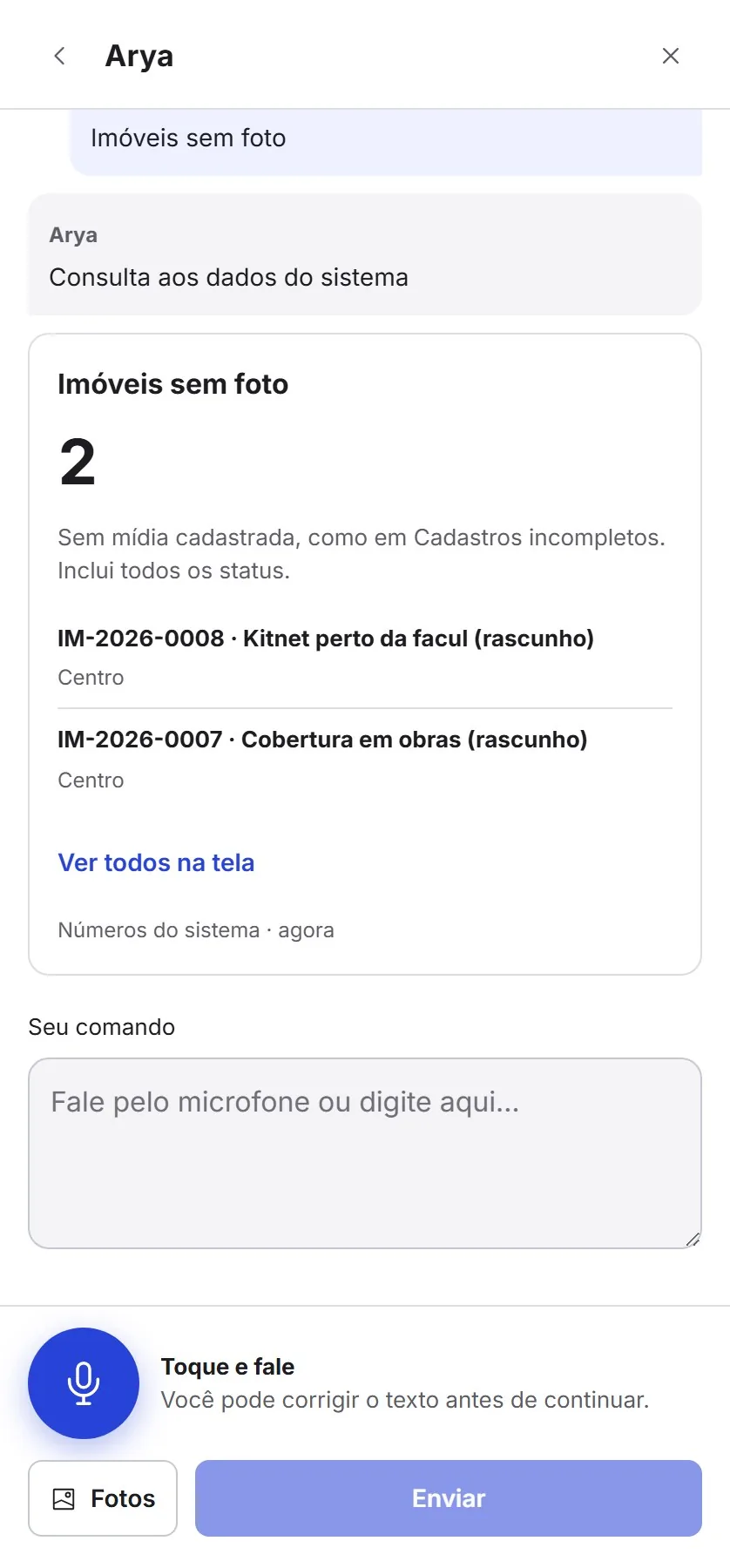Arya respondendo imóveis sem foto com os números do sistema.
